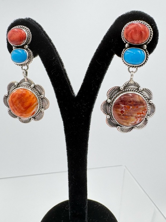 Etta Endito Jewelry - Vintage Etta Endito Navajo 925 Silver Spiny Oyster Shell & Turquoise Earrings
